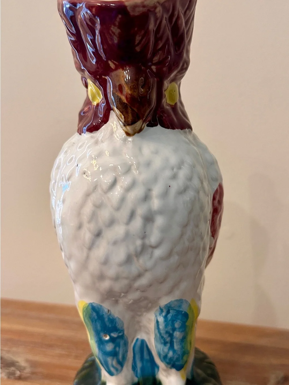 Vintage Majolica Parrot Cockatoo Bird Pitcher Jug Bamboo Handle